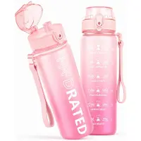 BOTC Waterfles - 1000ml - BPA vrij - Tritan - Waterfles met Rietje - Waterfles met tijdmarkering - Roze