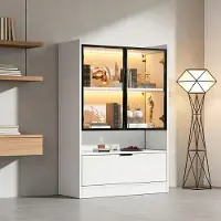 MODFU - Vitrinekast Met LED-Verlichting En Glazen Deuren - Modern - Voor Woonkamer Of Eetkamer - Spaanplaat - Wit - 120 X 80 X 35 Cm