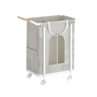 Happiq Waskorf – Voor Woonkamer & Badkamer – Rollende Waskorf met 2 Compartimenten en Afneembare Hangzak – Beige