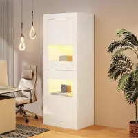 MODFU - Vitrinekast - Led-Verlichting En Verstelbare Glasplanken - Modern - Vrijstaand - Spaanplaat En Glas - Wit - 61 X 42 X 162 Cm