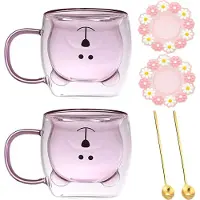 Azalia Dubbelwandige Koffieglazen 2 Set - Beer Koffiemok met Lepel & Onderzetter - 250ml - Roze Theekopjes - Leuke Kerstmok - Theekop Verjaardag Kerstcadeau