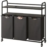 Happiq Wasmand – Voor Badkamer & Wasruimte – 3 Compartimenten (3×46L) met 2 Planken, Uitschuifbare Waszak – Grijs