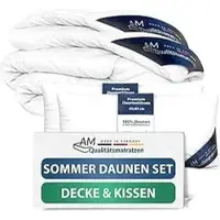 AM Qualitätsmatratzen Premium Donzen Zomerdekbed 155x220 Set met Kussen 80x80 2-delig - Made in Germany & OEKO-TEX gecertificeerd & Allergievriendelijk Dekbed en Kussenset 155x220 met Donzen Vulling