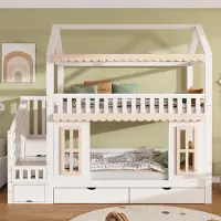 OKWISH Stapelbed 90x200 cm - Kinderbed In Huisvorm Met Opbergtrap En 2 Laden - Zonder Matras - Hout - Wit Natuur