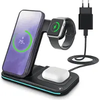 MMOBIEL Draadloos Oplaadstation voor Smartphone, Smart Watch en Oordopjes van – 3-in-1 Draadloze Oplader 15W – Snellader - Inclusief 20W Adapter - Zwart