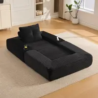 MODFU Relaxfauteuil met rugkussen, zijvakken en bekerhouders, 1-persoons corduroy sofa, Modulaire sofa met afneembare armleuningen, geschikt als slaapbank, zwart