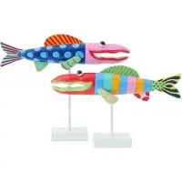 J-Line decoratie Vis - polyresin - hout - mix - medium - set van 2