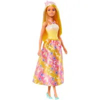 Barbie -pop met koninklijk thema, met kleurrijk haar met highlights (goudgeel), een rok met een vlindermotief en bijpassende accessoires