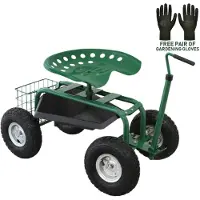 MonsterShop Verrijdbare tuinkar Zitting Heavy Duty Draaibaar Mobiel Gereedschap Tray Mand Tuinieren