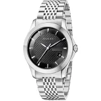 Gucci G-Timeless YA126402 Herenhorloge met zwarte wijzerplaat en zilveren armband
