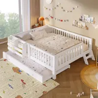 OKWISH Platformbed 140x200 cm - Met Uitschuifbed En Valbeveiliging - Flexibele Opstelling - Zonder Matras - Hout - Wit