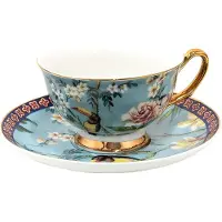 Clayre & Eef Kop en schotel 200 ml Blauw Goudkleurig Porselein Vogels Servies Blauw Servies