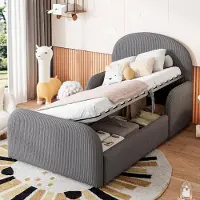OKWISH Kinderbed 90x200 cm - Gestoffeerd Bed Met Hydraulische Opbergruimte - Met Zijrail - Zonder Matras - Grijs