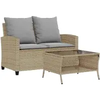 vidaXL Tuinset, 2-zitsbank met kussens en tafel, beige, polyrotan