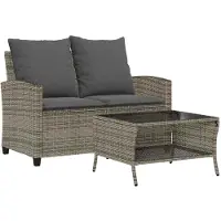 vidaXL Tuinbank 2-zits met kussens & tafel poly rattan grijs