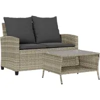 vidaXL Tuinbank 2-zits met kussens & tafel poly rattan lichtgrijs