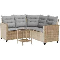 vidaXL Tuinbank met tafel en kussens L-vormig beige poly rattan