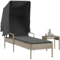 vidaXL Ligbed met luifel en tafel poly rattan lichtgrijs