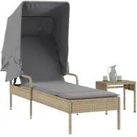 vidaXL Zonnebed met zonnedak en tafel, beige, polyrotan