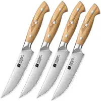 Xinzuo X02O Pin Series Steakmessenset 4-delig – Olijfhouten Handvaten – 3-Laags Composietstaal met Stonewash Afwerking