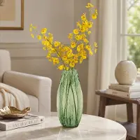 Mega Collections Bloemenvaas Callas - bewerkt sier glas - D12 x H30 cm - transparant groen - boeket en stelen - Moderne stijl