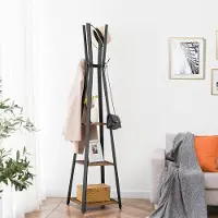 OEM Kapstok, Vrijstaand kapstok met 3 planken, 4 haak, kapstok voor kleding, hoeden, hal, foyer, metalen frame, industrieel ontwerp, vintage bruin-zwart