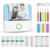 TIM. TIM Mini Printer Papier - Mini Printer voor Mobiel - Pocket Printer - Mobiele Fotoprinter - Inclusief 13 Rollen Papier (Sticker, Normaal & Kleur) + 6 Pennen - Blauw - 5cm x 9cm x 9cm