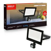 Briloner LED-schijnwerper voor buiten, met bewegingsmelder, 17,5x21 cm, rechthoekig, 50W, 4500lm, 4000K (neutraal wit), IP65 (stof- en spatwaterdicht), zwart. Geschikt voor tuin, garage, oprit