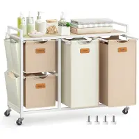 Vasagle - Wasmand - Wassorteerder - Met 4 Vakken - Uitneembare Zak - 150 L - Met Planken en 6 Labels