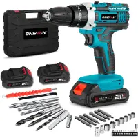 ONEVAN Accuboormachine - 38 Nm Accu Schroefboormachine - met 2x accu's - 25+3 koppelniveaus - 2 snelheden - 10mm boorhouder - voor reparatie/knutselen