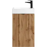 Vente-unique Geribbeld wastafelmeubel met omkeerbaar deurtje, licht naturel - H60 x L40 x D22 - VAHIRA