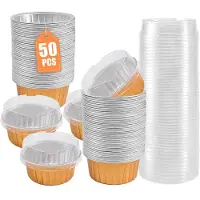 Melitt Dessertbekers met Deksels, 50 Stuks Gouden Aluminiumfolie Bakbekerhouders, Cupcake Bake Utility Ramekin Doorzichtige Puddingbekers