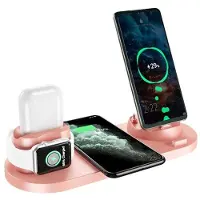 Dsport 6-in-1 draadloze oplader voor mobiele telefoons, draadloze oplaadstandaard voor oordopjes, snel opladen - roze