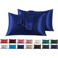 Azalia Set van 2 kussenslopen van satijn, 45 x 70 cm, donkerblauw, voor bed, zacht bij aanraking, met zaksluiting, antimijt en hypoallergeen, bescherming voor haar, huid en antirimpels