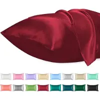 Azalia 2 Pack Satijnen Kussenslopen, Standaard Formaat Zacht Effen Kleur Microfiber Satijnen Kussensloop, Envelop Sluiting Kreukvrij Vervagingsbestendig Ademend (50x70 cm, Wijn Rood)
