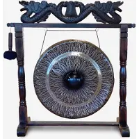 Ancient Wisdom Healing Gong in Standaard - Zwart& Zilver Patroon - 80cm - Metaal & Hout - Meditatie & Yoga Gong - Handgemaakt Bali
