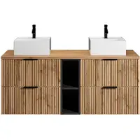 Vente-unique Geribbeld hangmeubel voor badkamer met nissen en dubbele vierkante opbouwwastafel - Licht naturel - L140 cm - MADELA