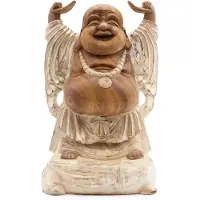 Ancient Wisdom Handgesneden Boeddhabeeld - 40 cm, handen omhoog - witgekalkt