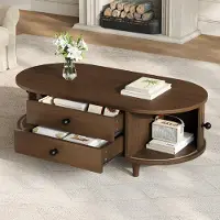 OKWISH Salontafel - Met Roldeuren En 2 Laden - Verborgen Opbergruimte Voor Woonkamer - Walnootkleur MDF - 100x50x36 cm