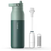 Brita LARQ Essential waterfles met rietje en waterfilter - Groen - 1000ml - RVS waterfles, dubbelwandige thermosfles (24h koud) incl. rietje & actieve koolstoffilter - filtert PFAS, chloor & meer