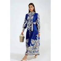 MSN Collection Maxi-jurk met Mandarin-kraag en riem