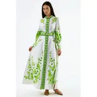 MSN Collection Bloemige Maxi-jurk met Lange Mouwen en Ceintuur en Mandarijnkraag
