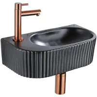 Qeramiq Fuente Fonteinset - 40x21.5x12cm - links - geribbeld - halfrond - 1 kraangat - keramiek - fonteinkraan geborsteld koper - afvoerplug - verlaagd sifon - zwart mat