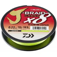 Daiwa J-Braid Grand X8, 135 meter, 0,1 mm, 7 kg / 15,43 lbs, chartreuse (groen-geel), Rond gevlochten vislijn, artikelnummer 12797-010