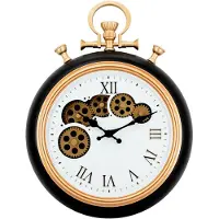IvoQ Industriële Wandklok met Bewegende Tandwielen - Vintage Zakhorloge Design - Zwart/Goud - Metaal - Ø 30 cm