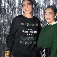 B&C Amsterdam Kersttrui Zwart Logo Snowy Trees - Maat S - Uniseks Fit - Kerstkleding Voor Dames & Heren