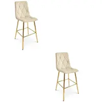 Leobert Set van 2 barkrukken LIBRA - Lichtbeige fluweel - Gouden metalen poten - Modern design