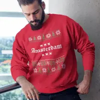 B&C Amsterdam Kersttrui Rood Logo Snowy Trees - Maat XL - Uniseks Fit - Kerstkleding Voor Dames & Heren