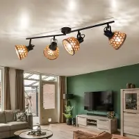 Globo Lighting Plafondlamp Eetkamer plafondlamp Bamboe vlechtwerk plafondlampen van hout met verstelbare spots, zwart metaal, 4x E27 fitting, LxBxD 80x13x19 cm