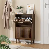 OKWISH Schoenenkast - Landelijke Stijl Met Golfpanelen - Hal En Entree - MDF Walnootkleur - 60 Cm Breed - 2 Kleplades